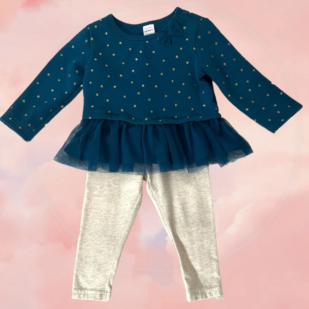 Carter’s 18 Month Baby Girl Blue With Gold Stars Sweater and Pant Outfit